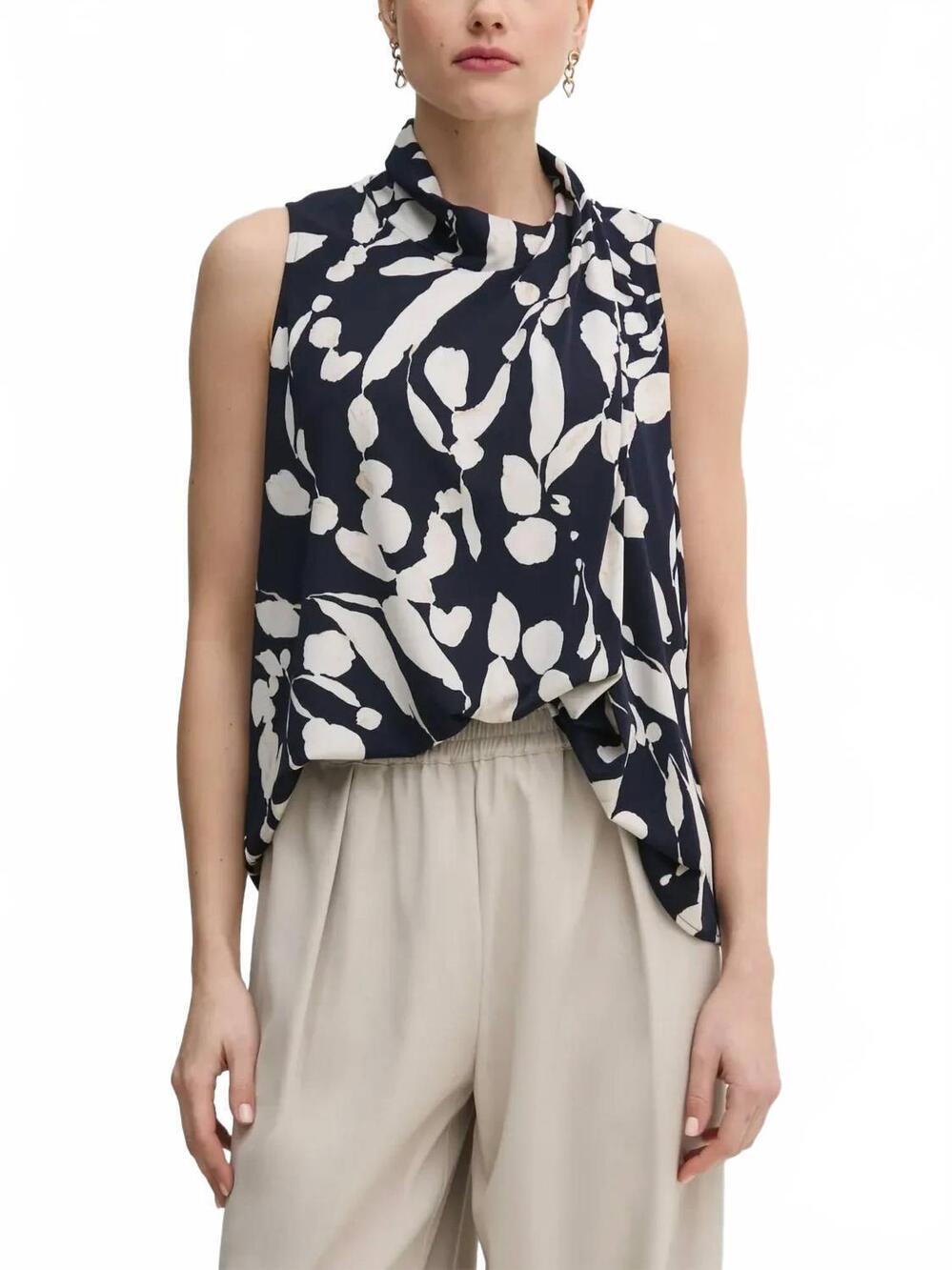 NEW JOSEPH RIBKOFF abstract-pattern halterneck blouse in midnight blue/beige